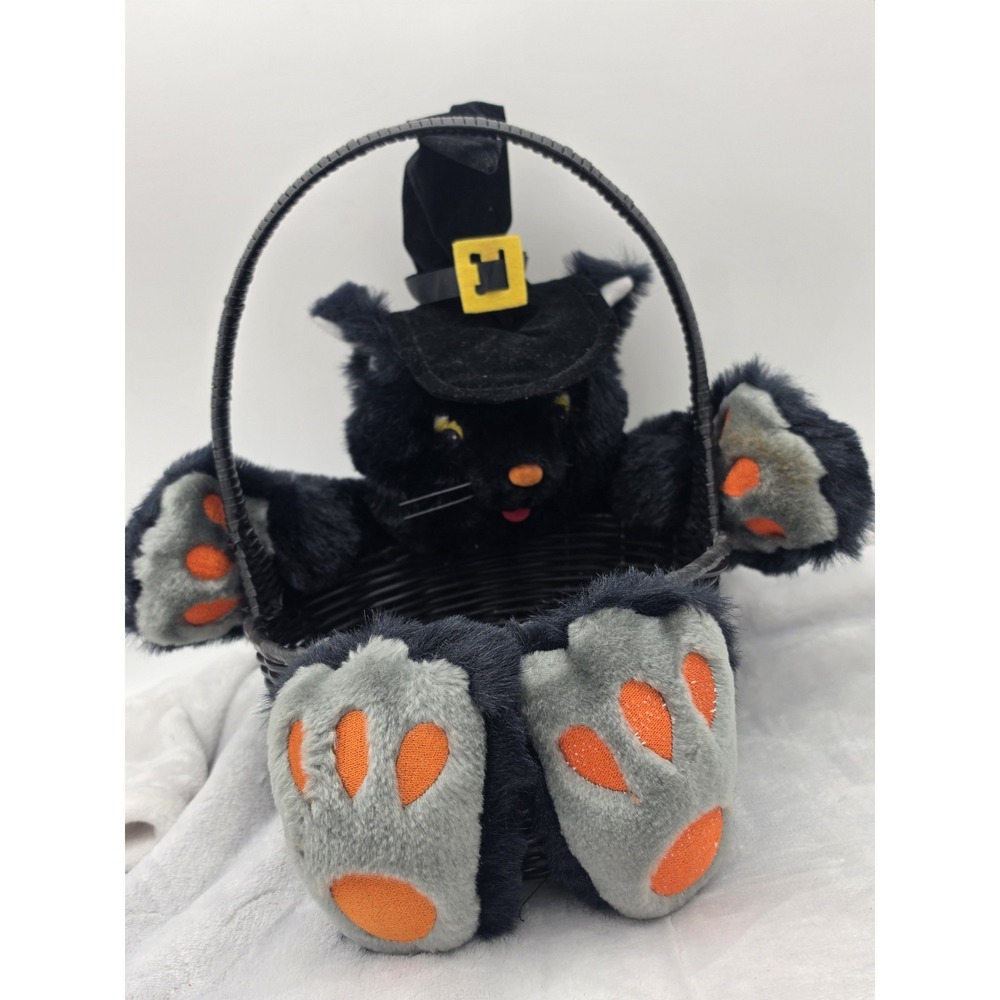 Vtg Halloween Black Wicker Storage Basket w/ Plush Cat & Paw Accents, Handle